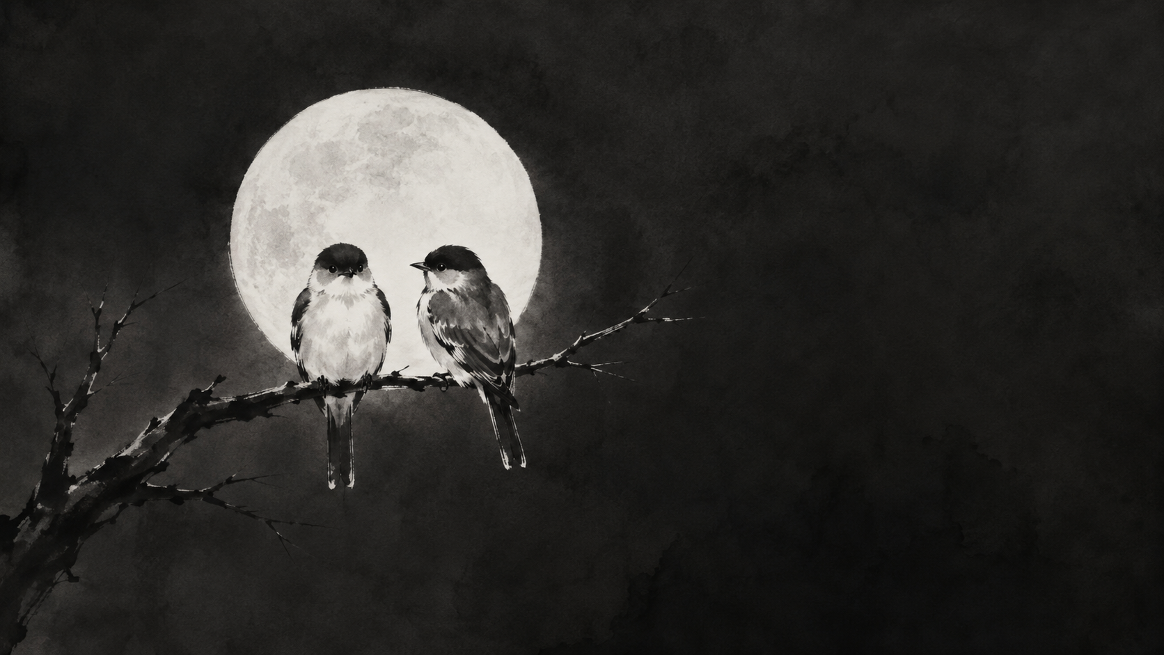 Two birds perched together on a branch under a full moon — ink wash painting