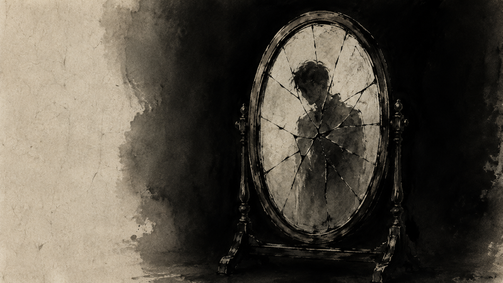 A man looking at his fractured reflection in a cracked mirror — ink wash painting
