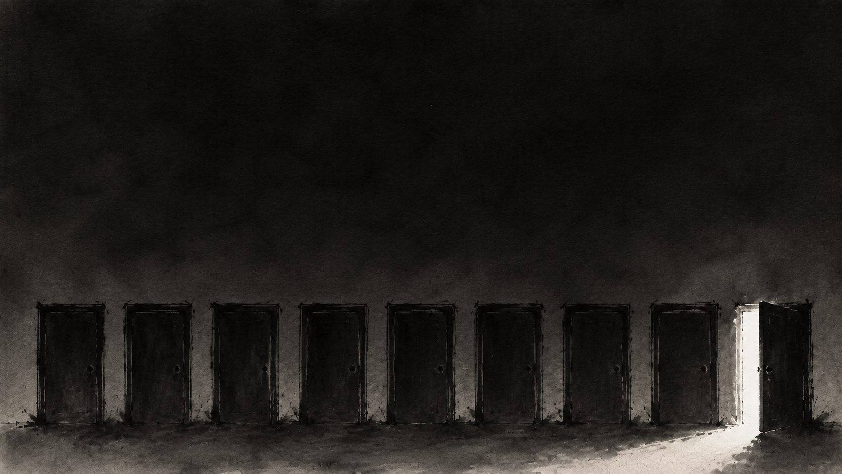 Eight closed doors with one open, light spilling through — ink wash painting