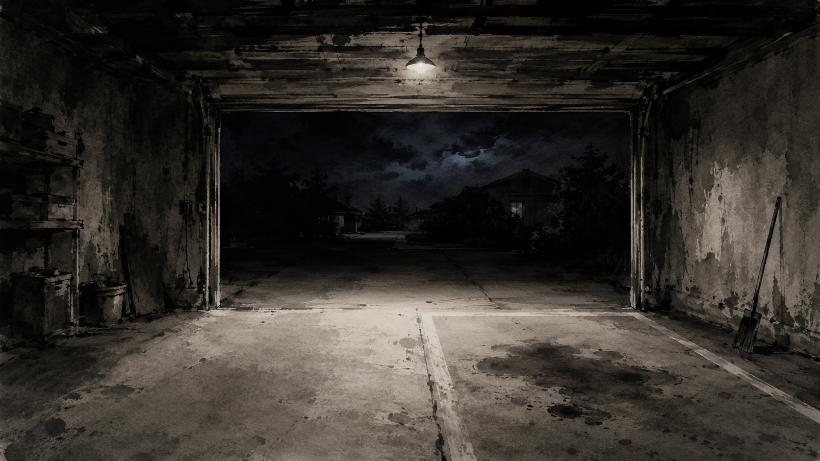 An empty dark garage, one car gone — ink wash painting