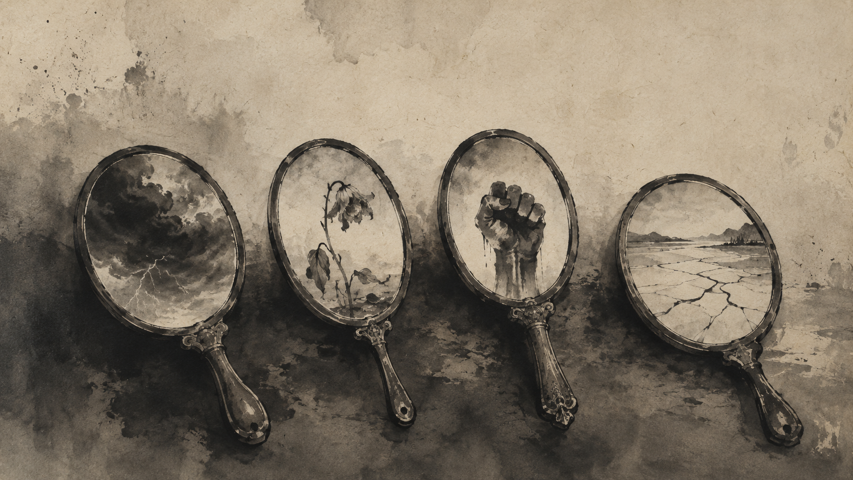 Four mirrors each reflecting a different fear — ink wash painting