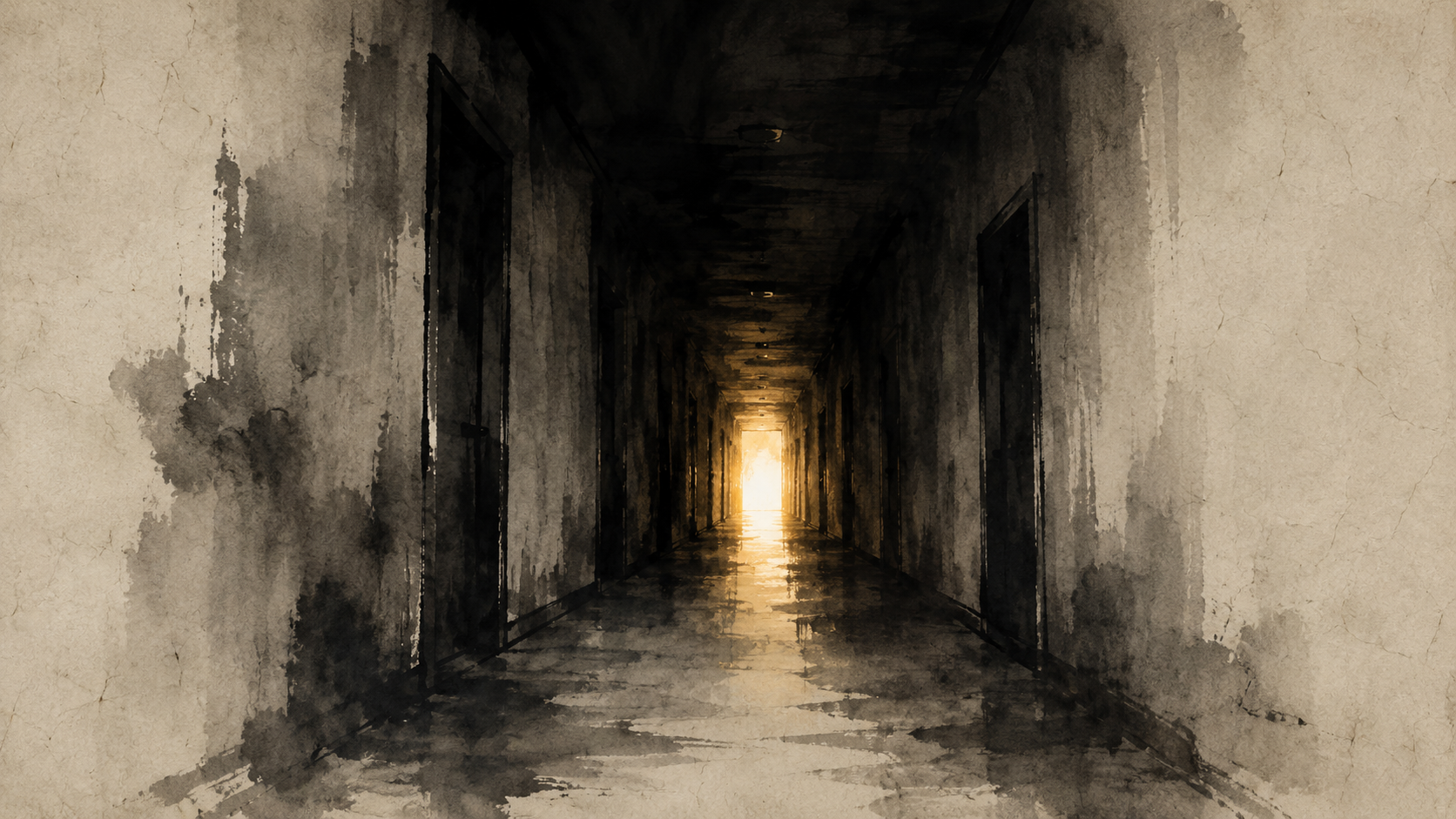 A long hallway with a single point of light at the far end — ink wash painting
