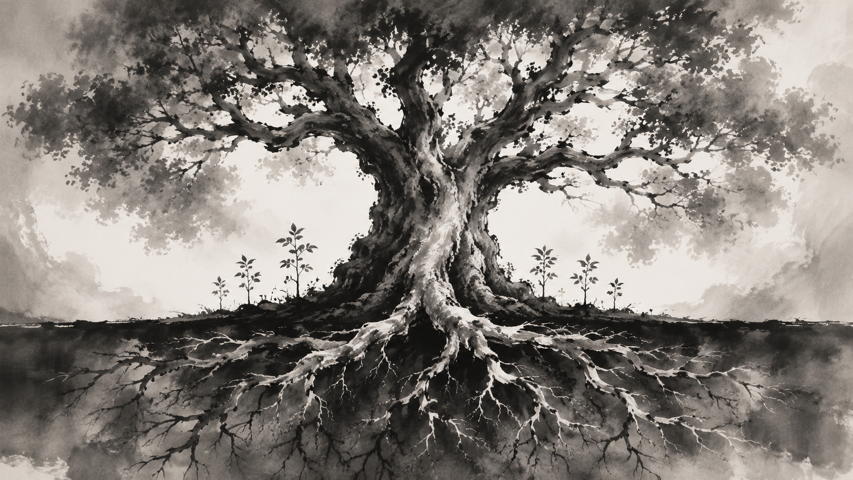 Ancient tree with deep roots and young saplings growing around it — ink wash painting